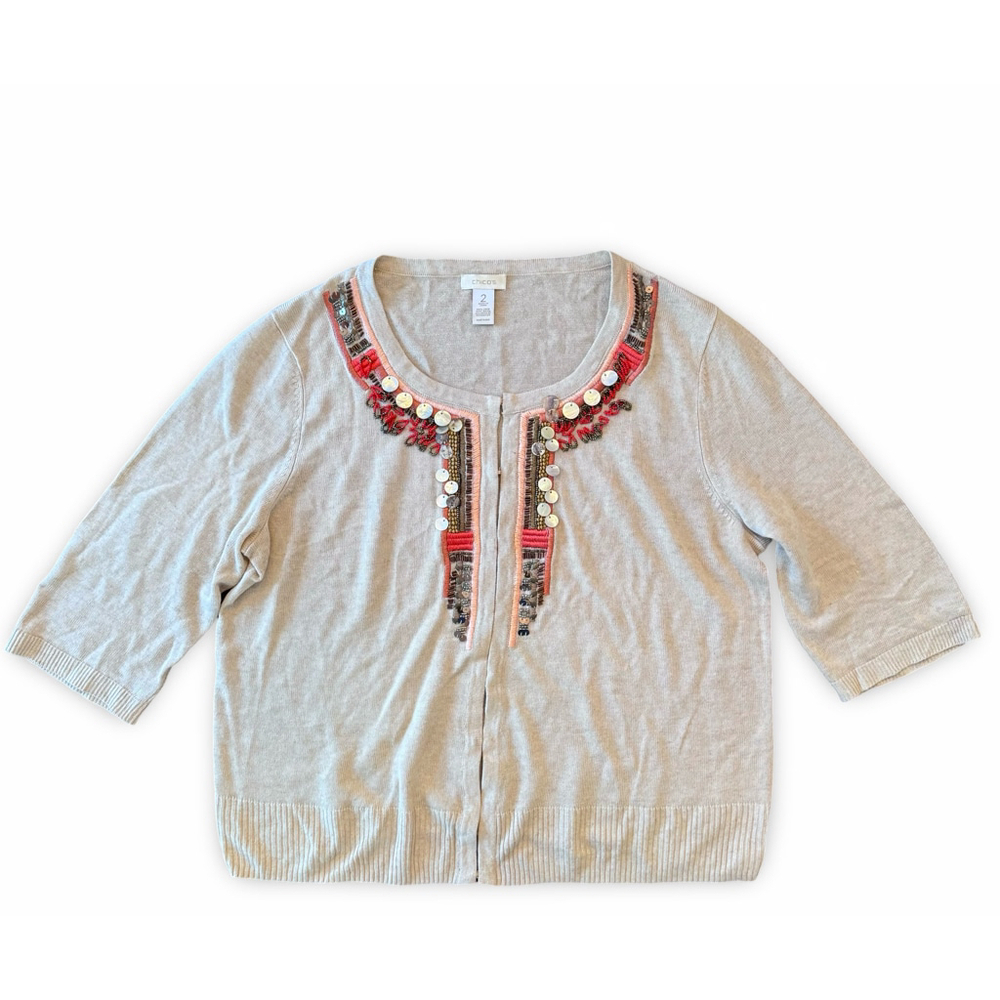 Chico’s Beaded Embellished Linen Cardigan, Size 2 (M/L) - Boho Chic Style‎